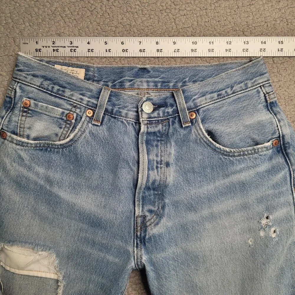 Levis 501 93 Jeans Men 29 Light Wash Blue Denim Distressed Straight Crop Raw Hem